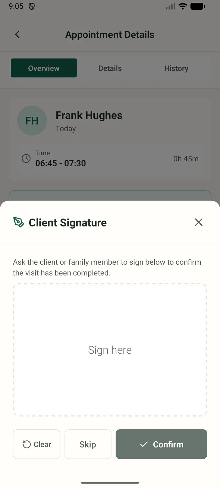 The carer app asking for a client signature to confirm the visit is complete, with Clear, Skip and Confirm actions