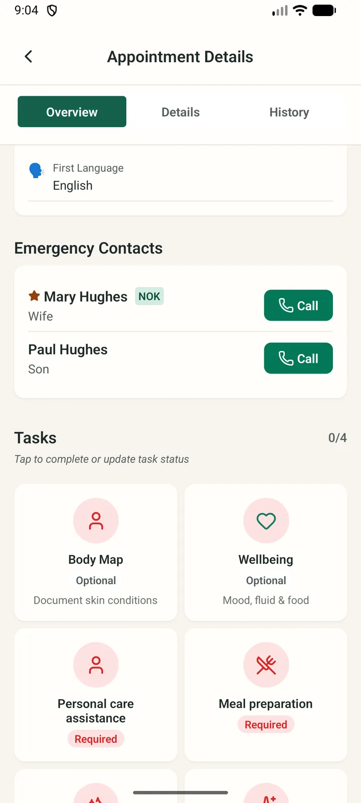 The tasks for a visit in the carer app: body map, wellbeing, personal care assistance and meal preparation, marked required or optional