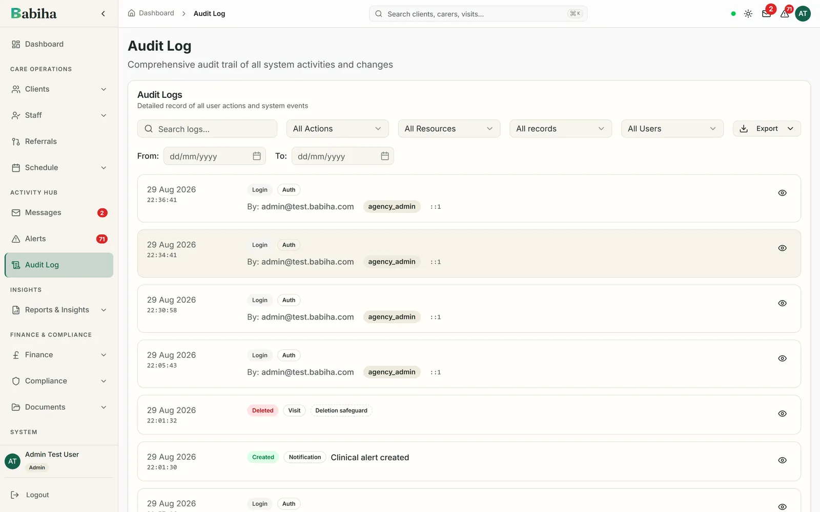 The audit log listing recorded actions with who performed each one, what it affected and when