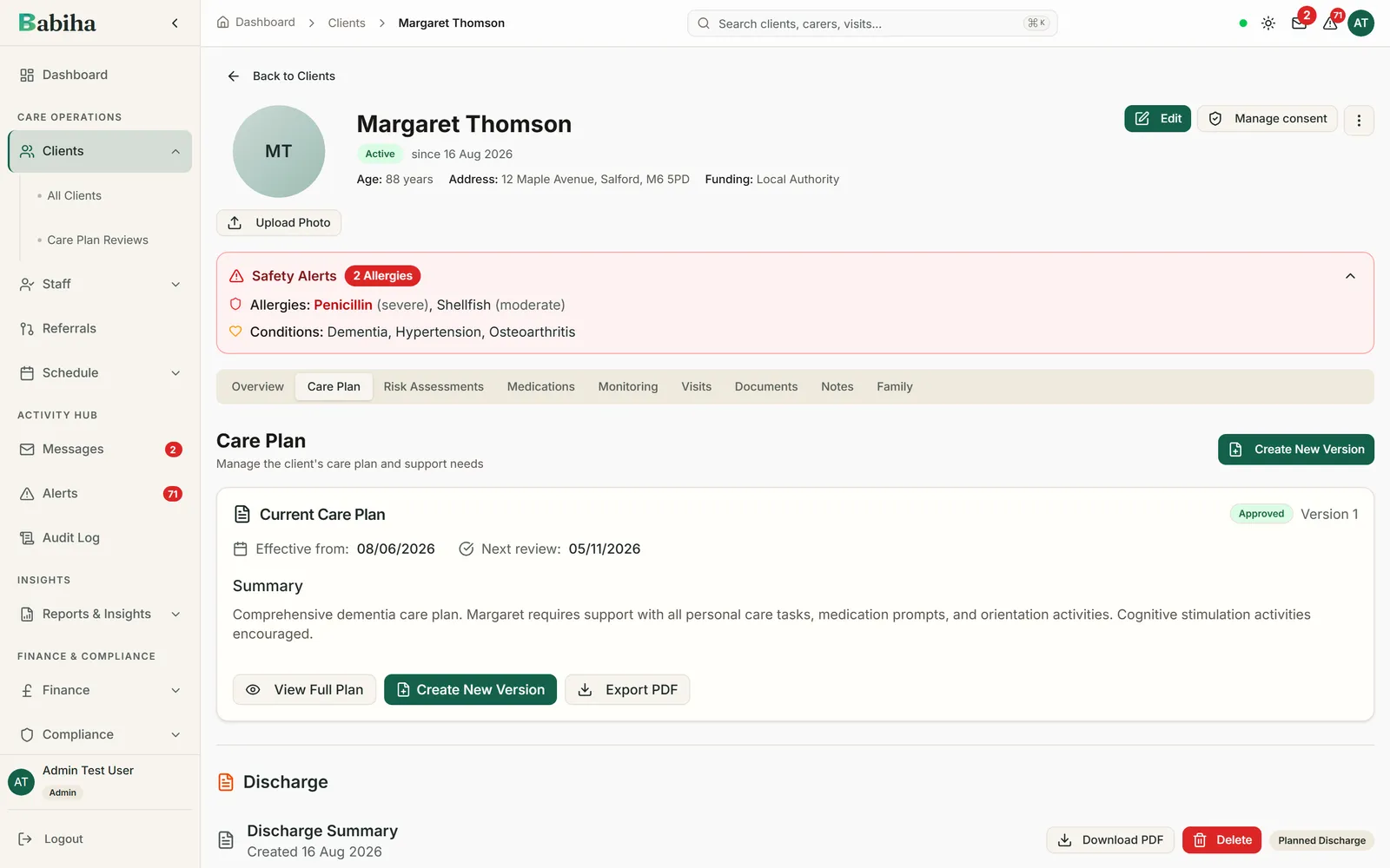 A client record open on the care plan tab, listing the plan sections with their review status and the current approved version