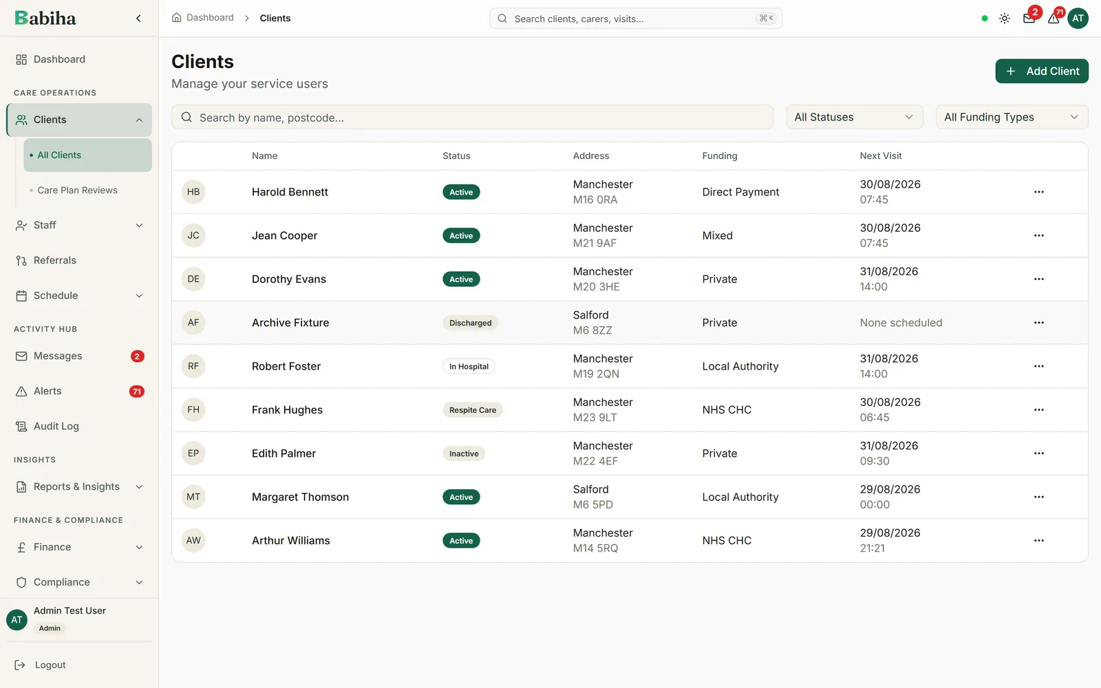 The client list, showing each person with their status, funding source and next visit