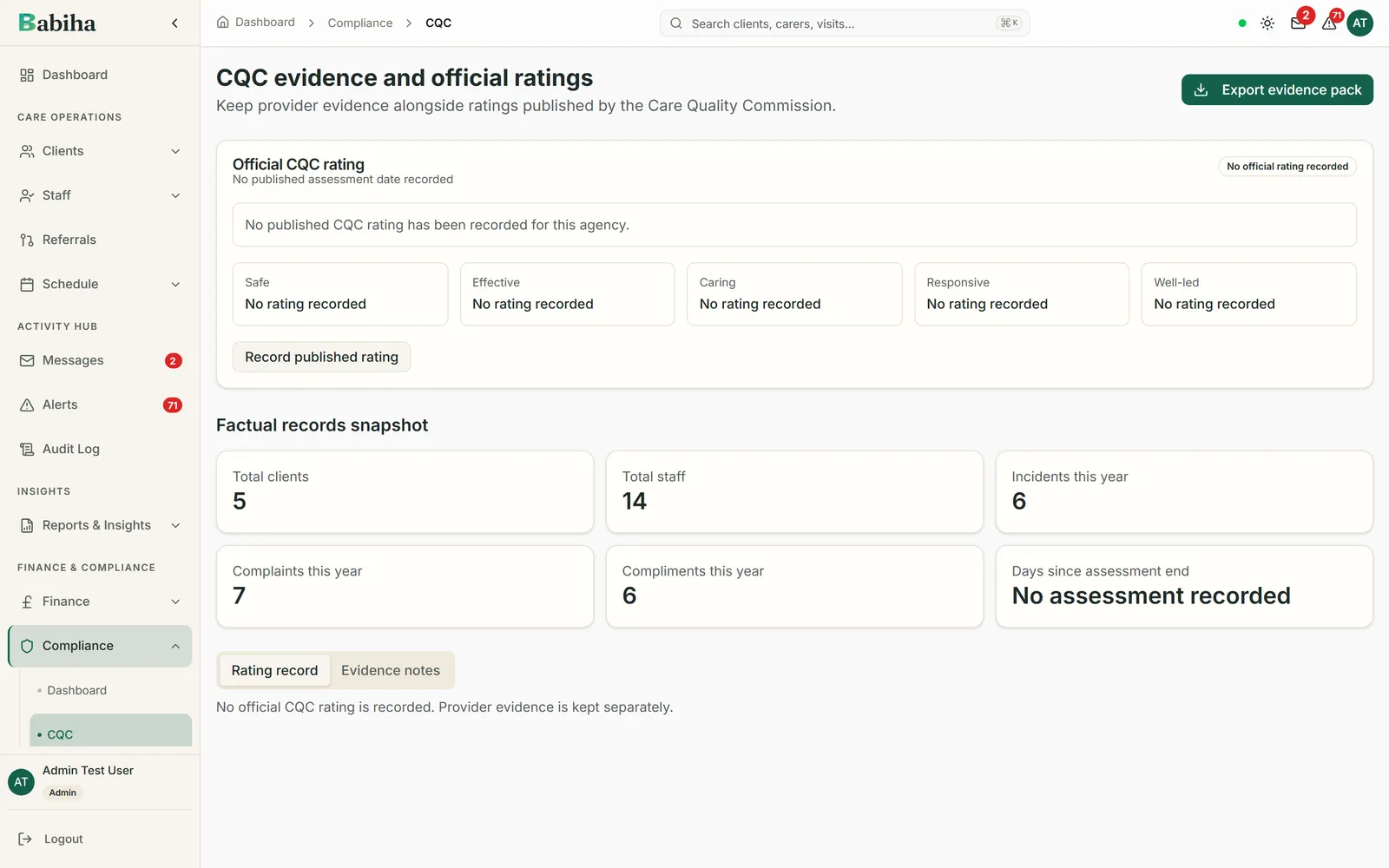 The CQC screen, which records the rating the Care Quality Commission has published for the agency and keeps provider evidence beside it