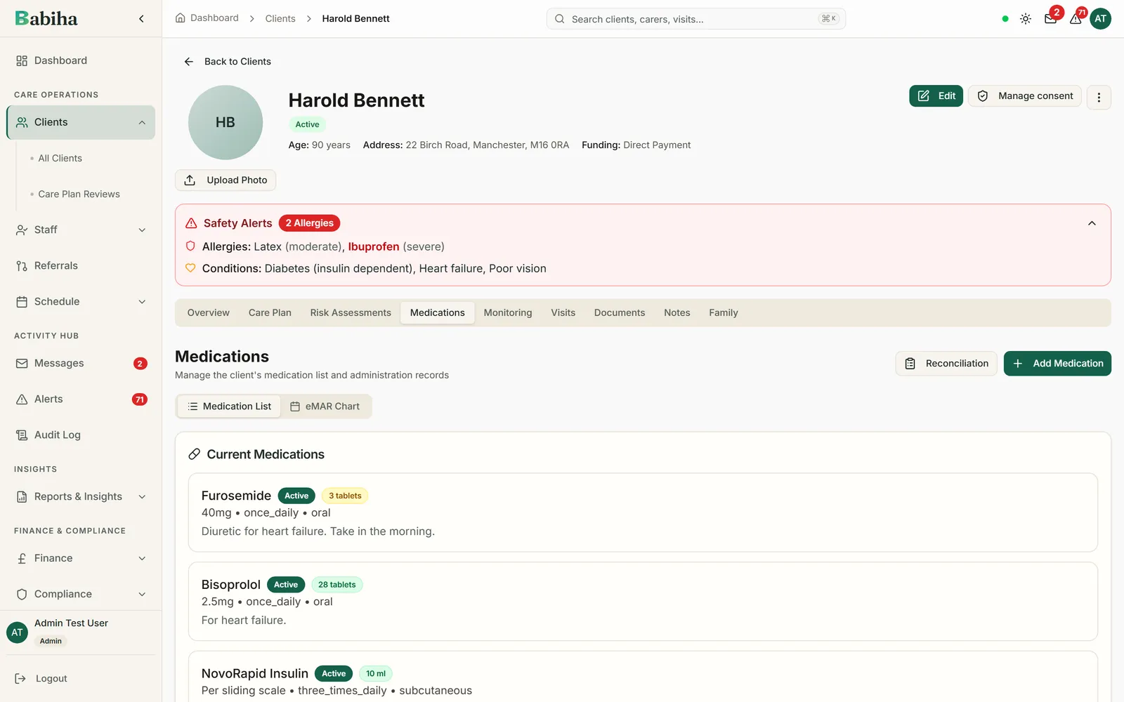 The electronic medication administration record for a client, listing active medicines with dose, route and frequency